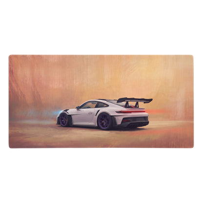 Porsche 911 gt3 rs inspired violet accent desk pad featuring a white racing car with purple wheels and stitched edge