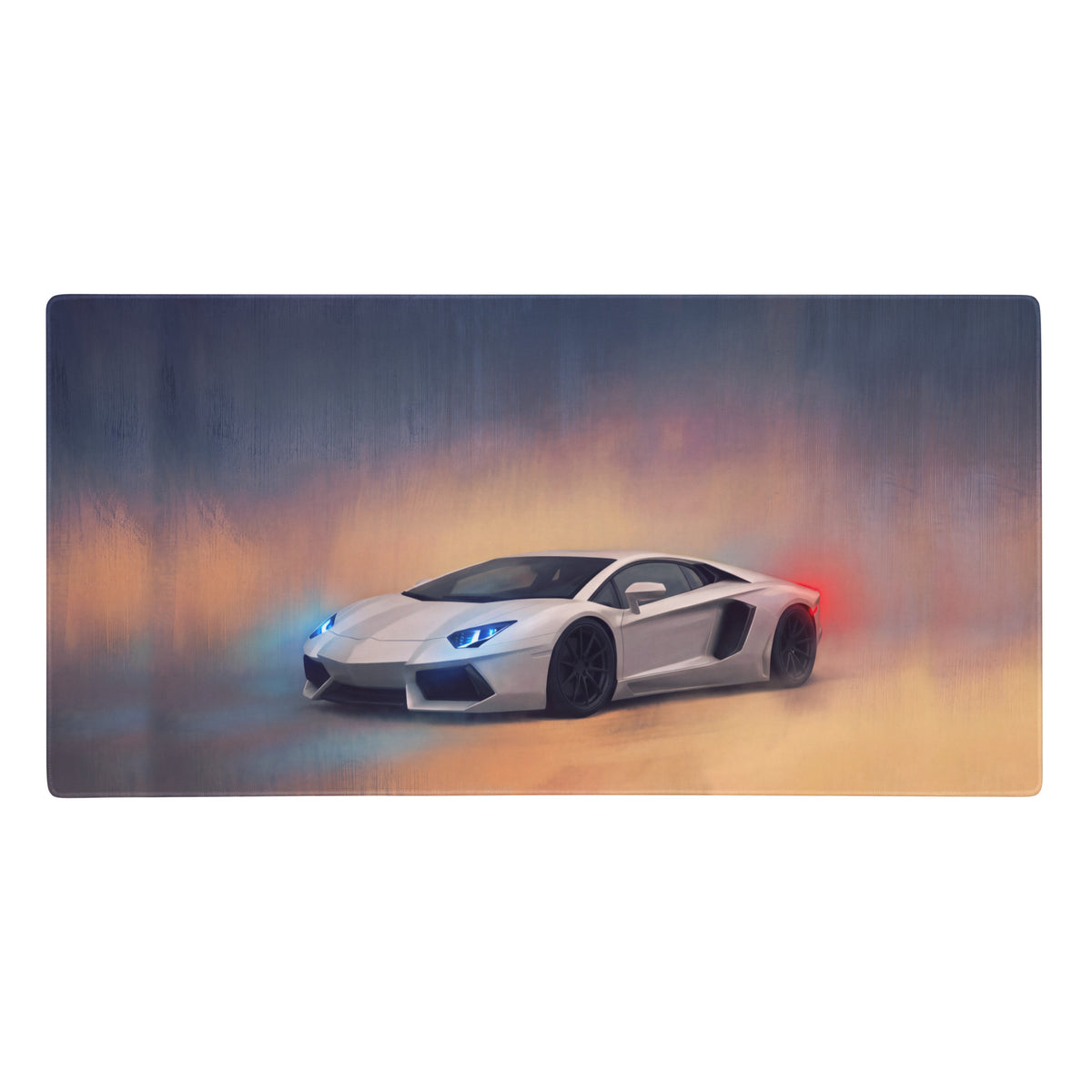 White lamborghini aventador sports car graphic on a rectangular pearl white non slip gaming mousepad desk mat