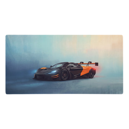 Black and orange McLaren Senna racing car illustration on a low-friction cloth gaming mousepad desk mat