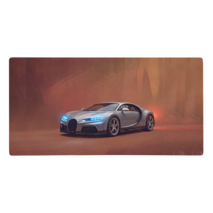 Bugatti chiron inspired silver horizon desk mat featuring a silver bugatti chiron graphic on high precision xl gaming mousepad