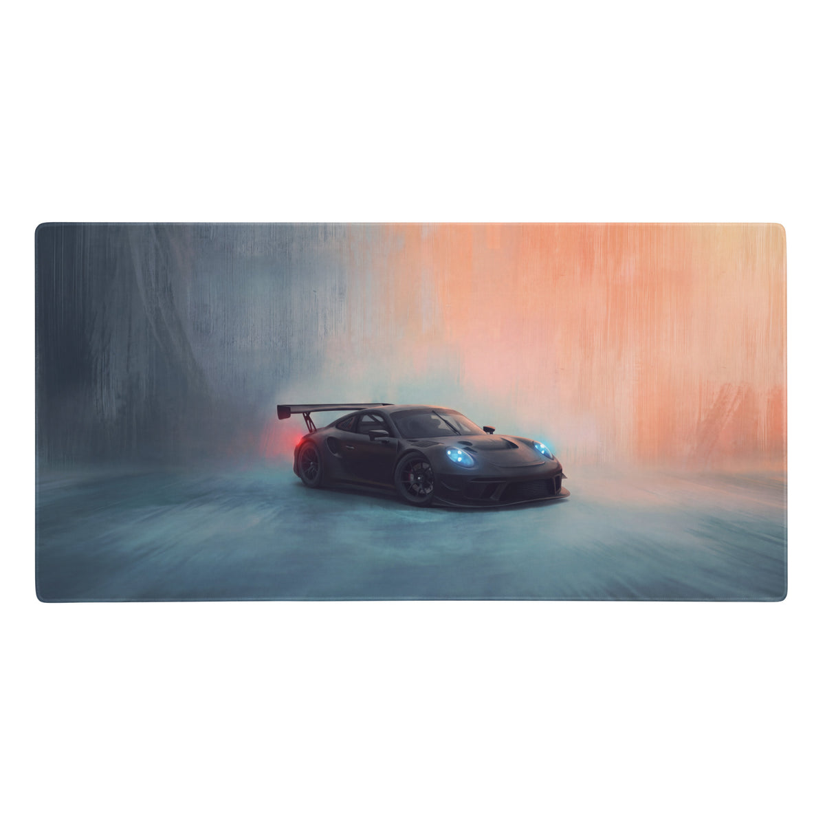 Black Porsche 911 GT3 inspired stealth shadow desk mat with glowing blue headlights and red taillights on low-friction cloth