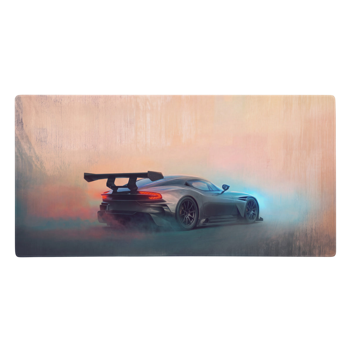 A dark gray aston martin vulcan inspired gunmetal apex desk pad with ultra-glide stitched edge for gaming mouse use