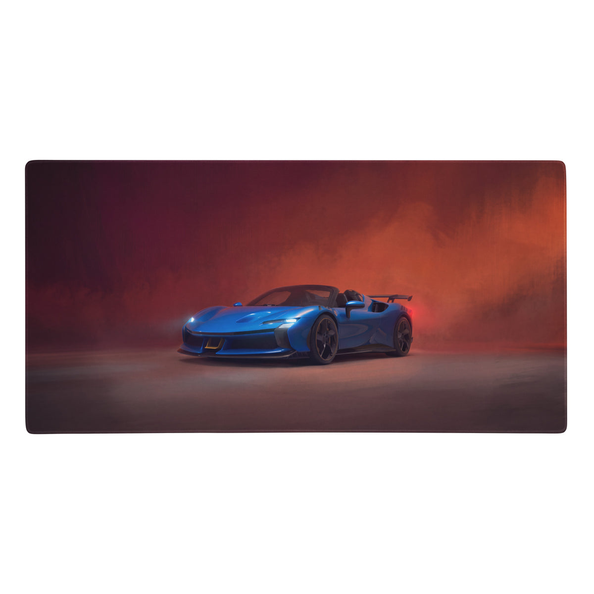 Ferrari sf90 xx inspired corsa blue desk mat featuring a blue convertible sports car with black wheels and aerodynamic design