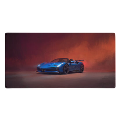 Ferrari sf90 xx inspired corsa blue desk mat featuring a blue convertible sports car with black wheels and aerodynamic design