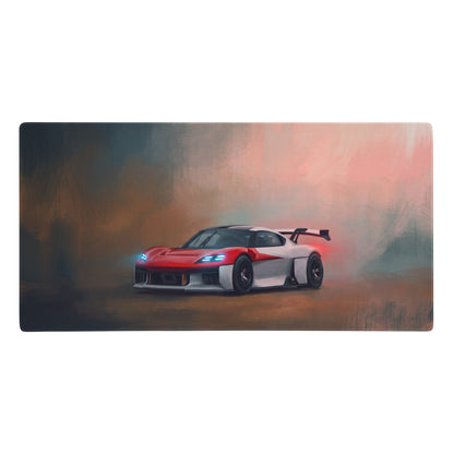 Red and white Porsche Mission R inspired rosso endurance extended non-slip desk pad with blue headlights and rear spoiler design