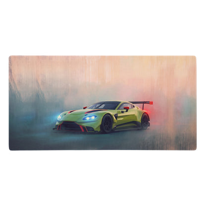 Aston Martin Vantage GT3 inspired lime edition desk mat featuring vibrant lime green race car design with red accents