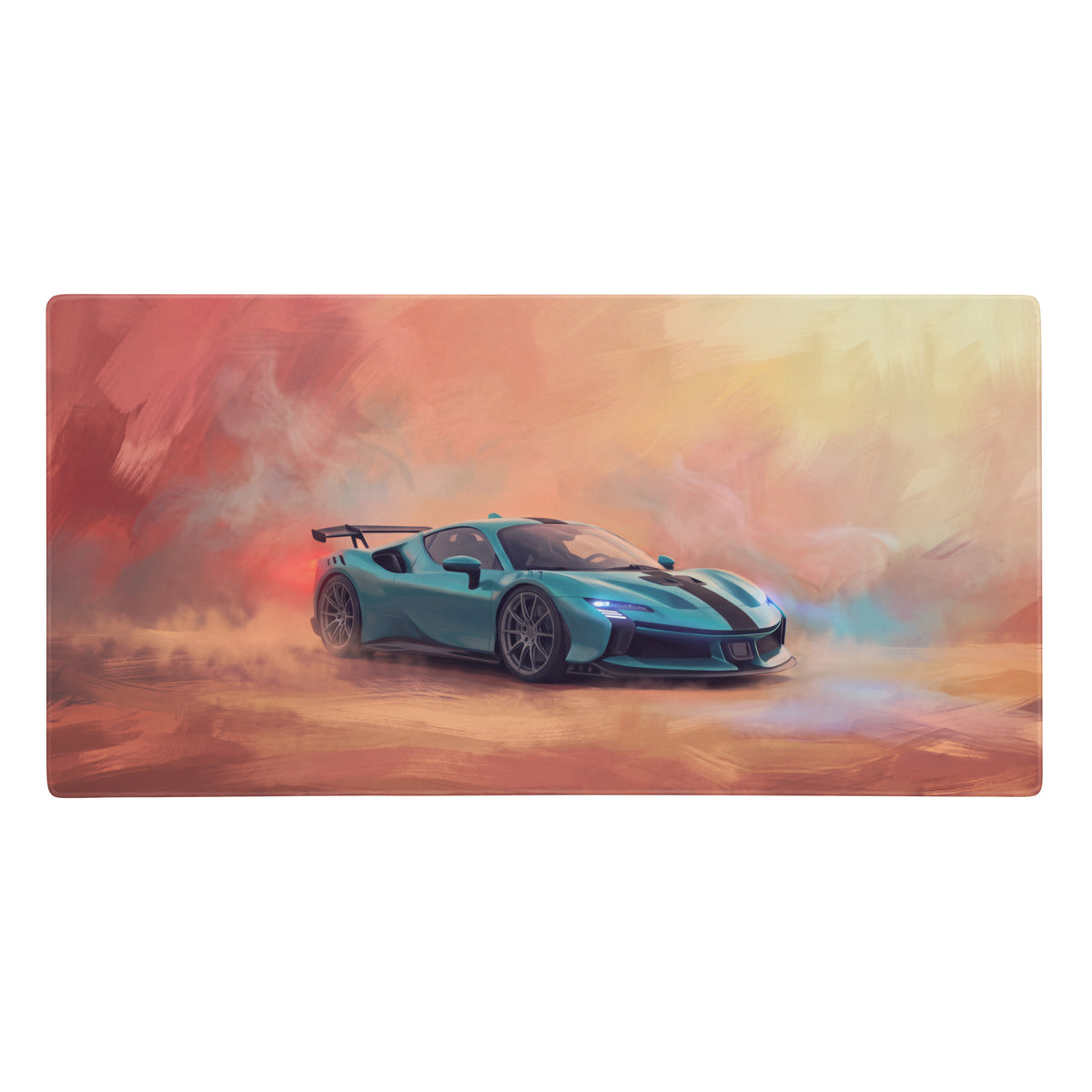 Teal and black ferrari sf90 xx inspired sports car illustration on extended non slip turquoise desk mouse pad