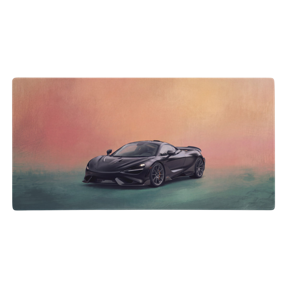 Black mclaren 720s sports car illustration on a rectangular wooden surface on mclaren 765lt inspired stealth onyx desk mat