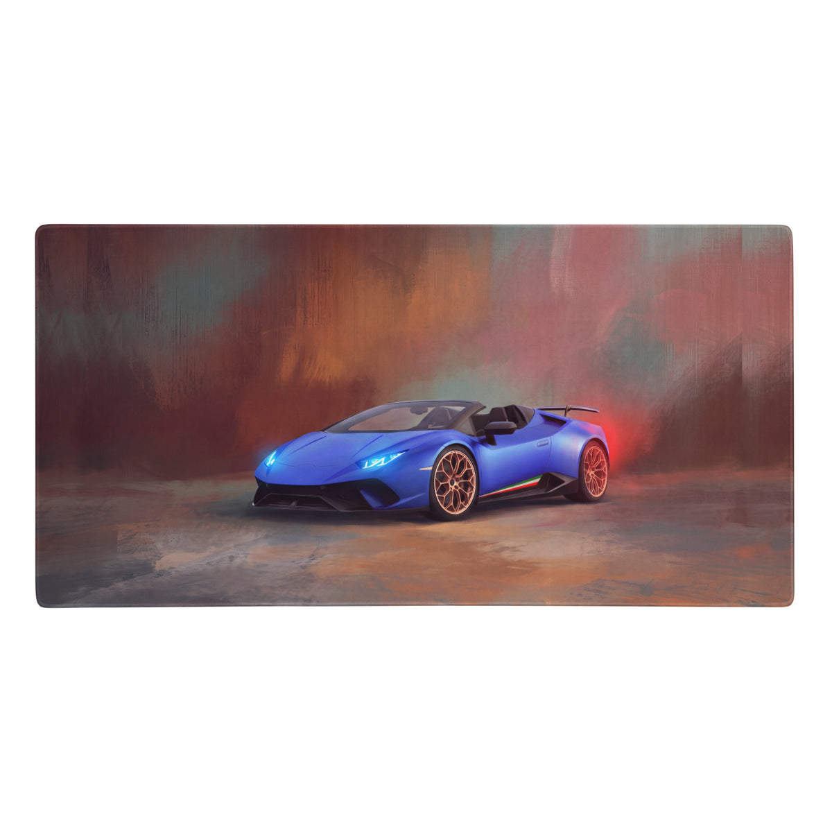 Vibrant blue Lamborghini Huracán spyder inspired blu cepheus desk pad with gold-accented wheels and stitched edge