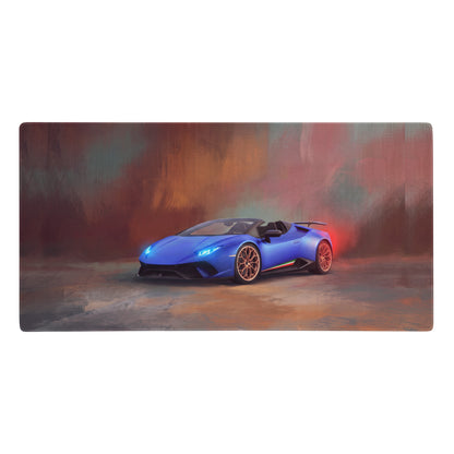 Vibrant blue Lamborghini Huracán spyder inspired blu cepheus desk pad with gold-accented wheels and stitched edge