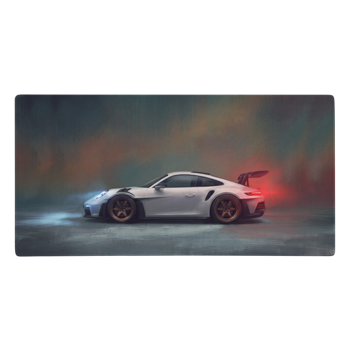 Porsche 911 gt3 rs inspired chalk white desk pad featuring artistic rendering of white gt3 rs with bronze wheels and spoiler