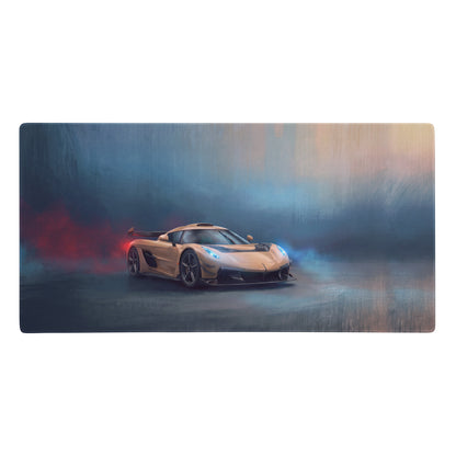 Koenigsegg jesko inspired champagne gold low-friction cloth desk mat with golden koenigsegg hypercar drifting design