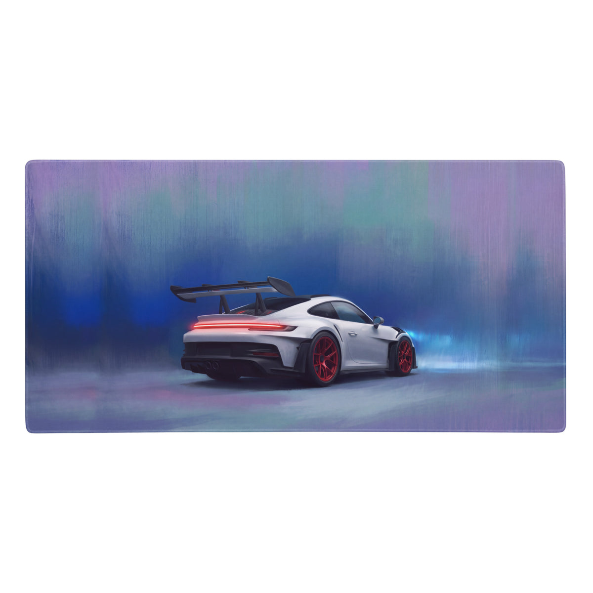 White porsche 911 gt3 with red wheels and black rear spoiler on a stitched edge ultra-glide gaming desk pad