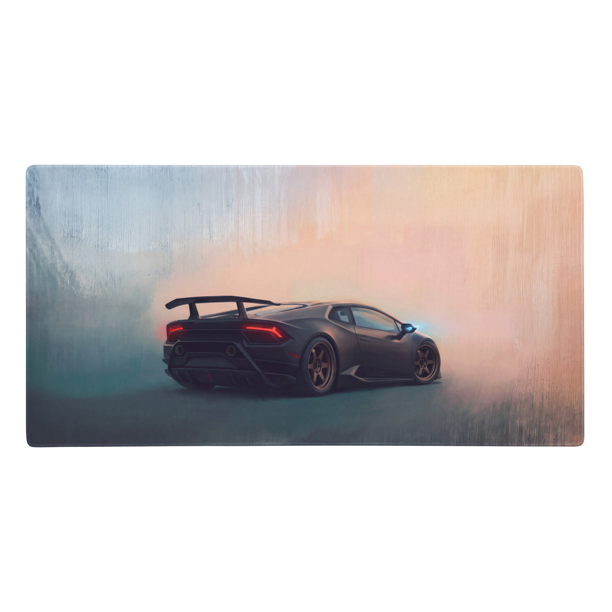 Black lamborghini huracán sports car illustration with glowing red taillights on stealth bronze xl gaming desk mat