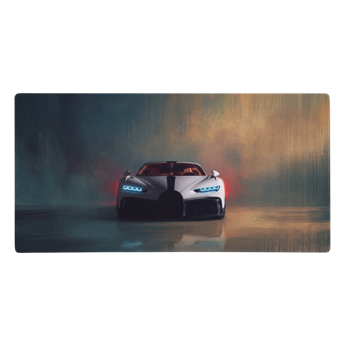 Bugatti chiron inspired pearl white extended desk pad with non slip surface featuring a white bugatti chiron illustration