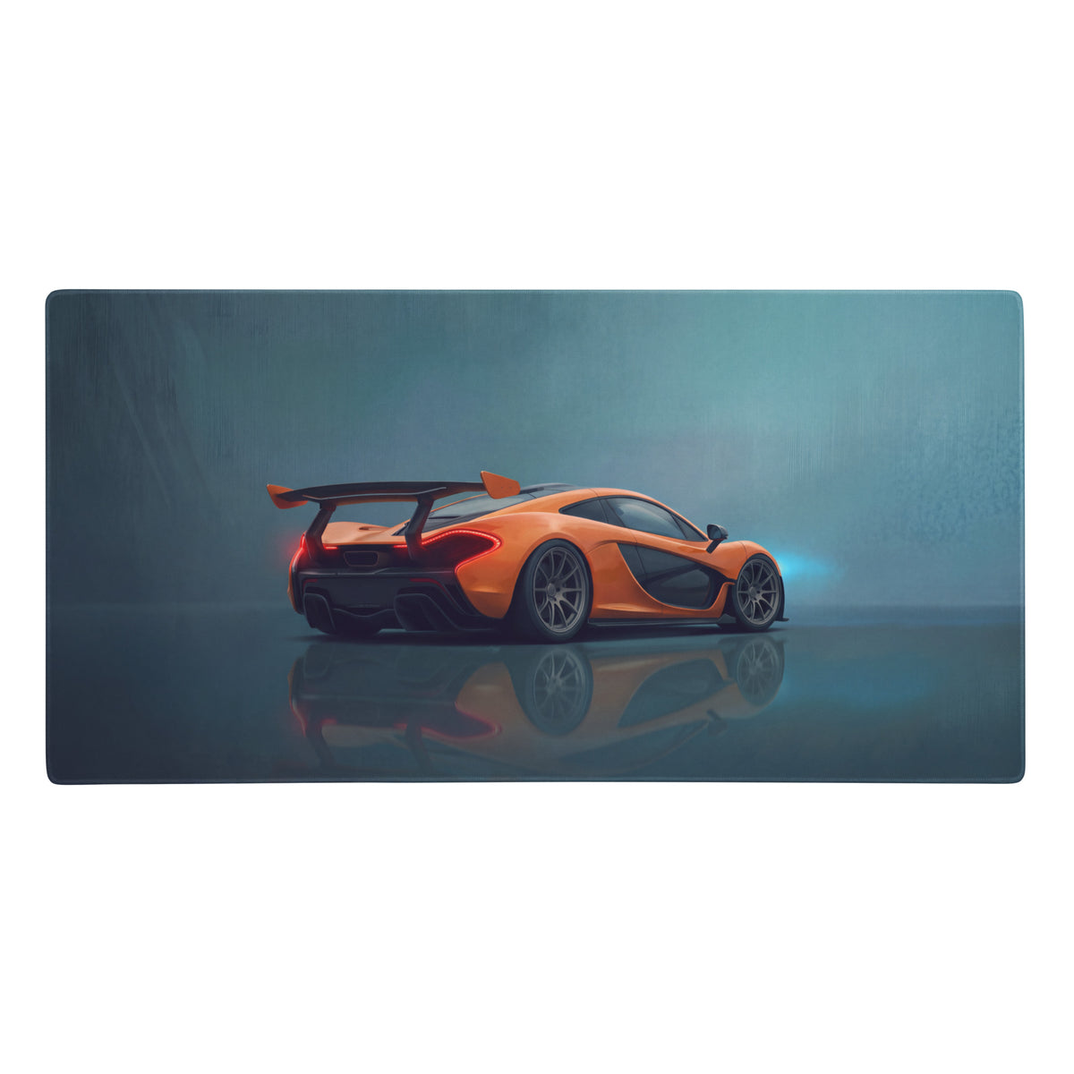 Orange mclaren p1 sports car graphic on a low-friction cloth volcano orange desk mat for gaming setup