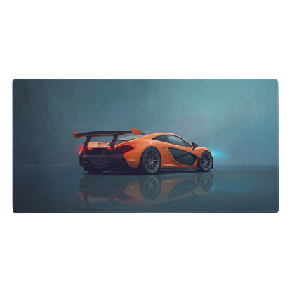 Orange mclaren p1 sports car graphic on a low-friction cloth volcano orange desk mat for gaming setup