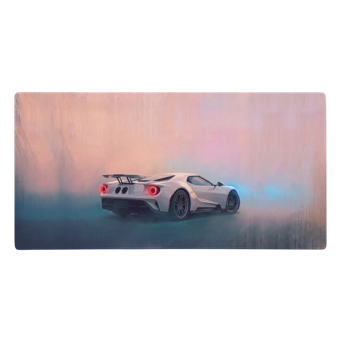 White ford gt inspired pure white desk pad with glowing red taillights design and ultra-glide stitched edge for gaming