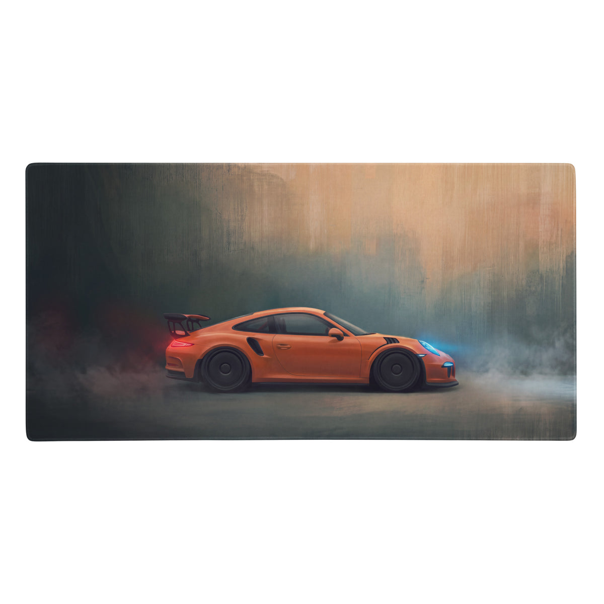 Vibrant orange porsche 911 gt3 rs drift scene printed on lava orange low-friction cloth desk mat mousepad