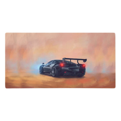 Black sports car with red taillights and rear spoiler on a rectangular mat in mclaren senna inspired papaya sunset design
