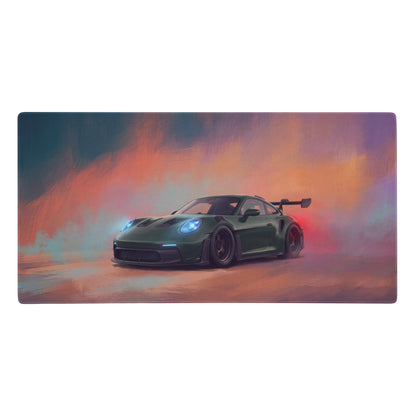 A dark green porsche 911 gt3 rs inspired irish green extended non slip desk pad featuring a race car design