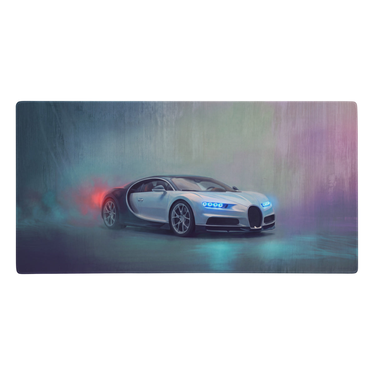Rectangular ultra-glide stitched edge gaming mouse mat with silver bugatti chiron graphic and glacier blue design