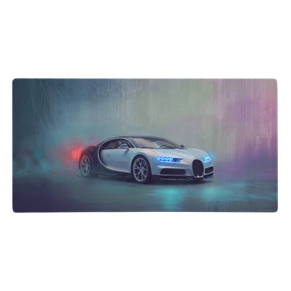Rectangular ultra-glide stitched edge gaming mouse mat with silver bugatti chiron graphic and glacier blue design