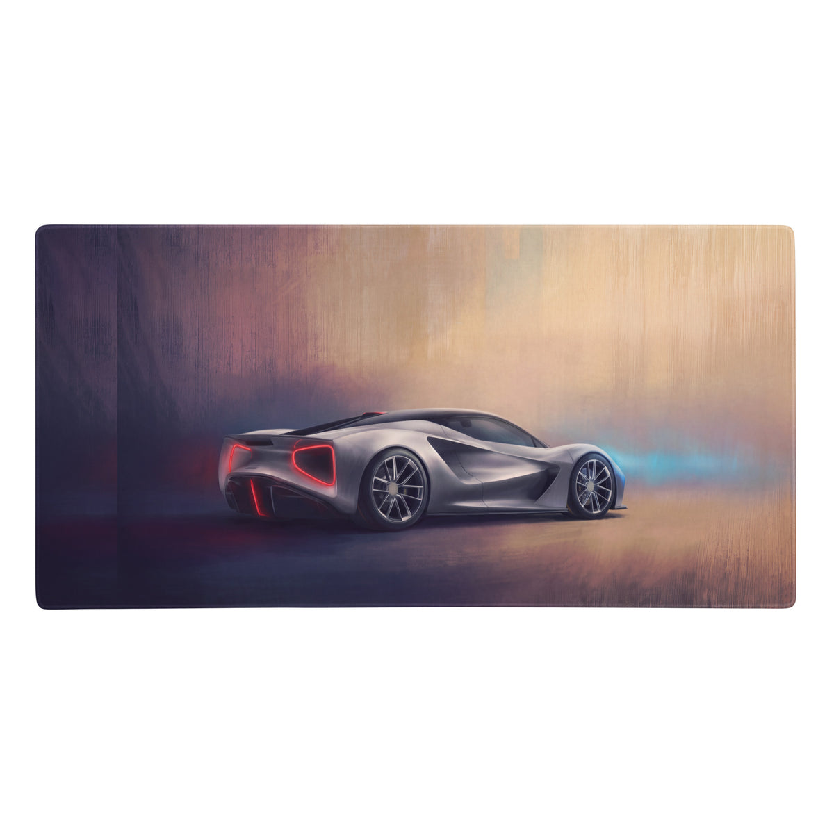 Lotus evija inspired electric silver desk mat featuring a silver futuristic sports car with glowing red taillights design