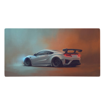 Silver honda nsx sports car with black wheels and rear spoiler on acura nsx inspired pearl widebody stitched edge desk pad