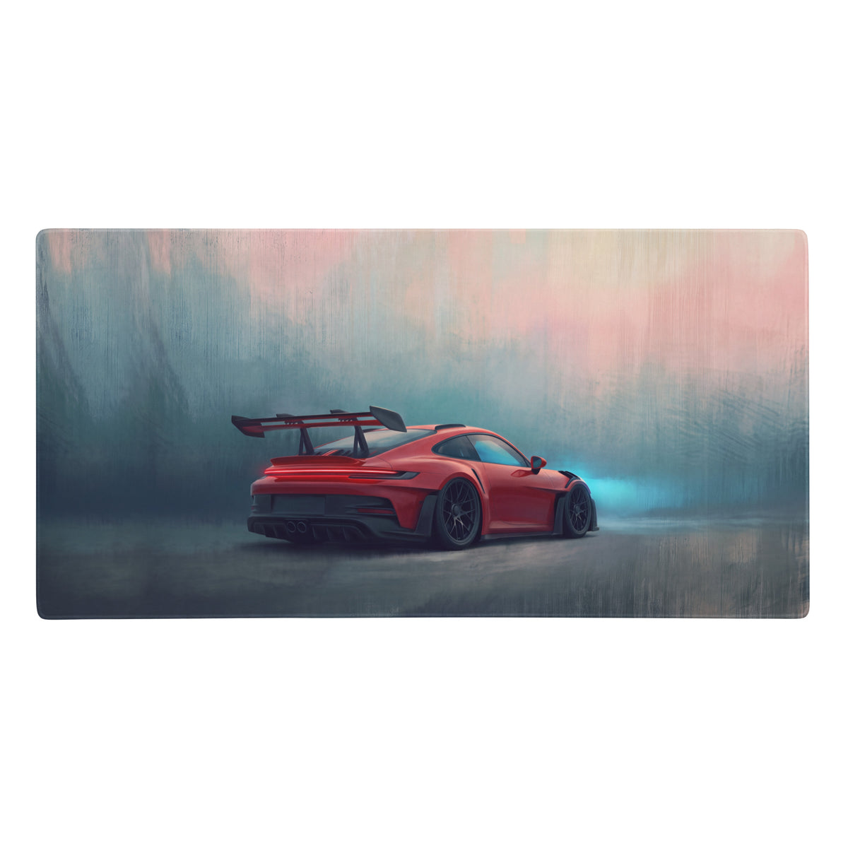 Porsche 911 gt3 rs inspired crimson apex desk mat featuring red gt3 race car with black wheels and rear spoiler