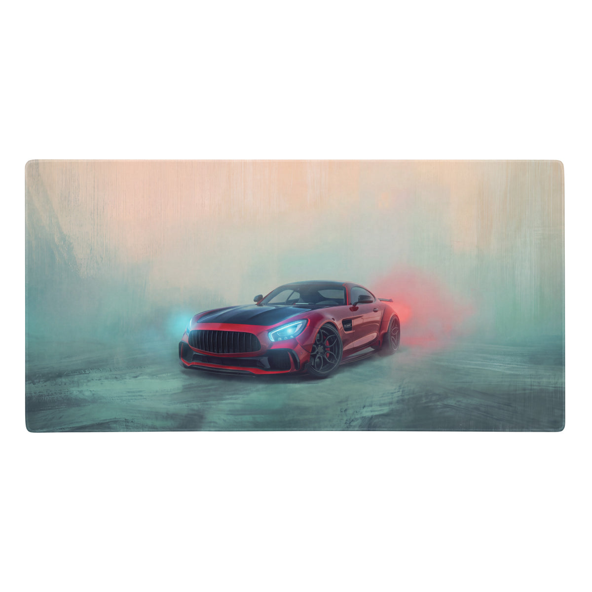 Mercedes-AMG GT inspired carmine beast desk pad featuring a red and black sports car graphic on an extended mouse mat