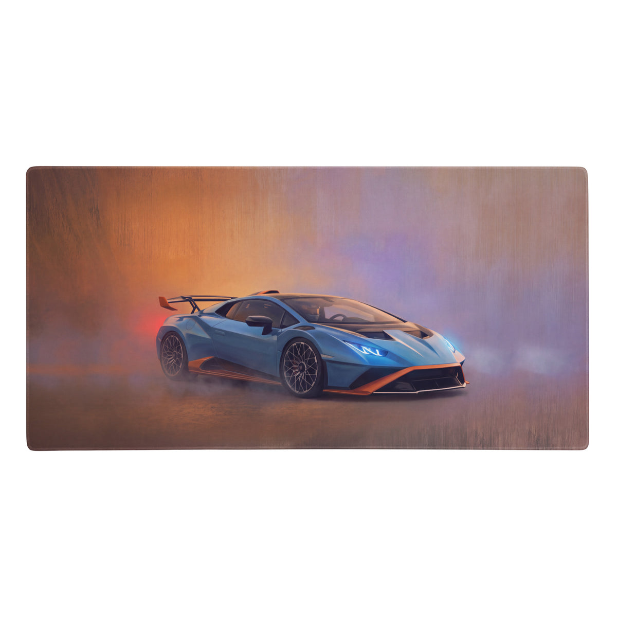 Lamborghini Huracán STO inspired Gulf Edition desk pad featuring a sleek blue and orange car on a non-slip gaming mat