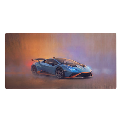 Lamborghini Huracán STO inspired Gulf Edition desk pad featuring a sleek blue and orange car on a non-slip gaming mat