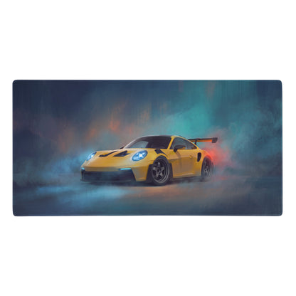 Yellow porsche 911 gt3 rs inspired speed desk mat featuring a high-precision xl racing car graphic for gaming