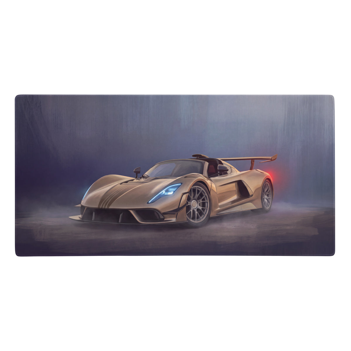 Hennessey venom f5 inspired champagne edition desk mat featuring a sleek gold hypercar with blue headlights on low-friction cloth