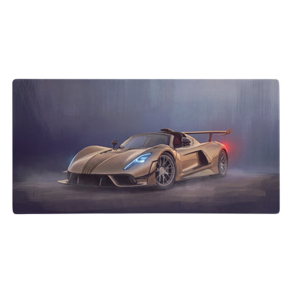 Hennessey venom f5 inspired champagne edition desk mat featuring a sleek gold hypercar with blue headlights on low-friction cloth