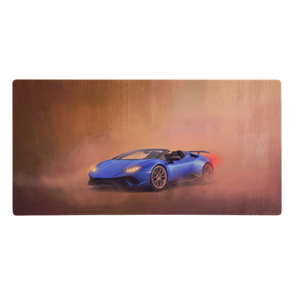 Lamborghini huracán spyder inspired cobalt sunset desk mat featuring a blue huracán convertible with black wheels