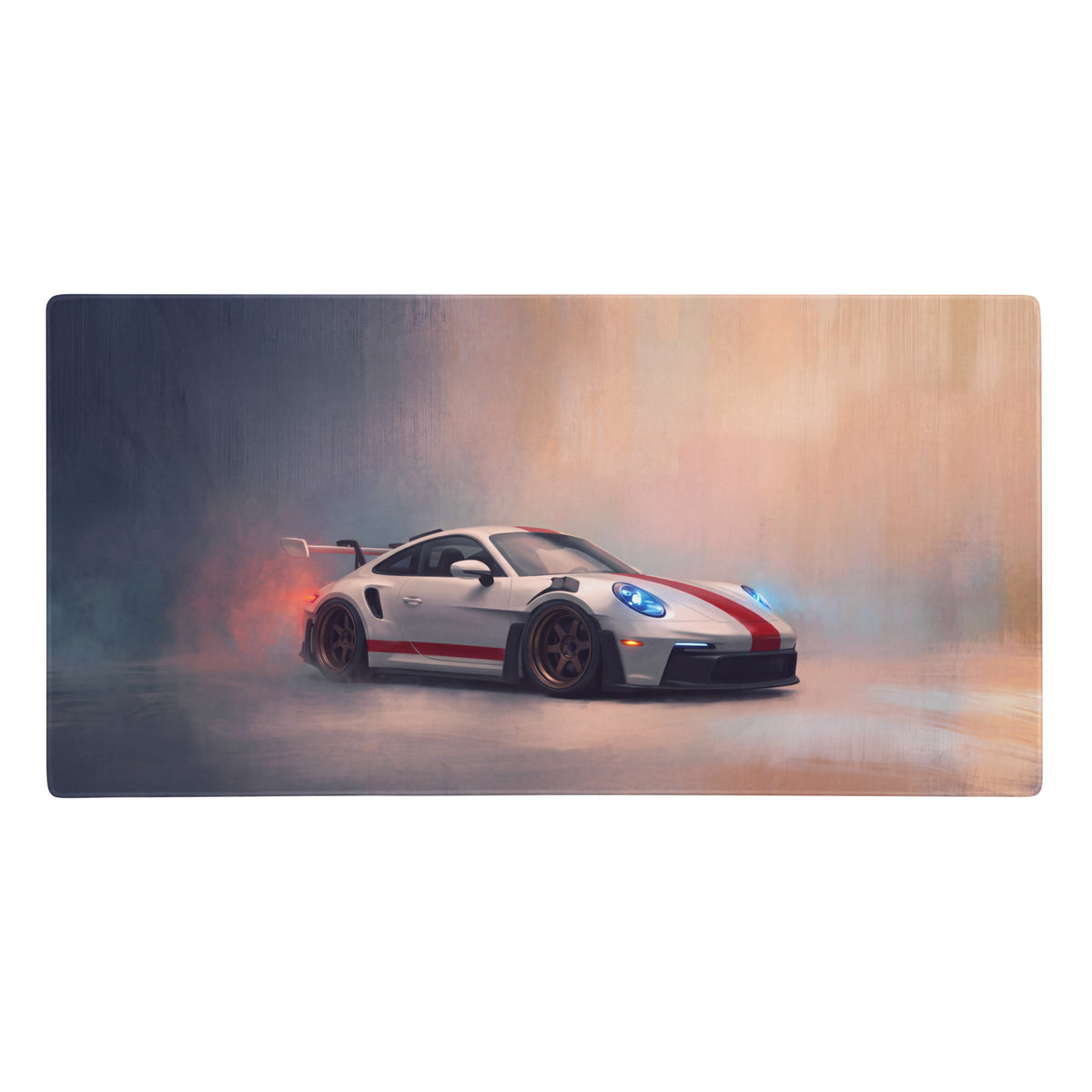 White porsche 911 gt3 with red racing stripes and blue headlights featured on porsche 911 gt3 rs inspired heritage red stripe desk pad
