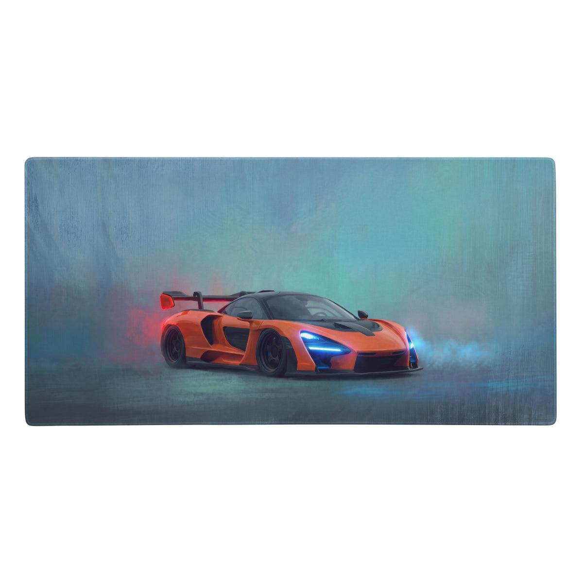 McLaren Senna inspired papaya orange desk pad with ultra-glide stitched edge featuring vibrant orange McLaren Senna car design