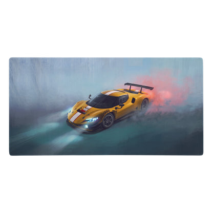Ferrari 296 gt3 inspired giallo apex desk mat with yellow race car white stripes black spoiler artistic illustration