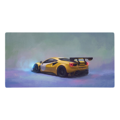 Ferrari 488 GT3 inspired Modena circuit desk pad with yellow race car design black wheels and stitched edge gaming mat