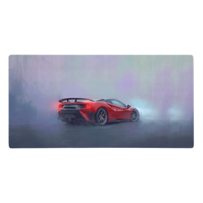 Red ferrari 488 pista inspired rosso mist desk mat with low-friction cloth and dynamic smoky sports car design