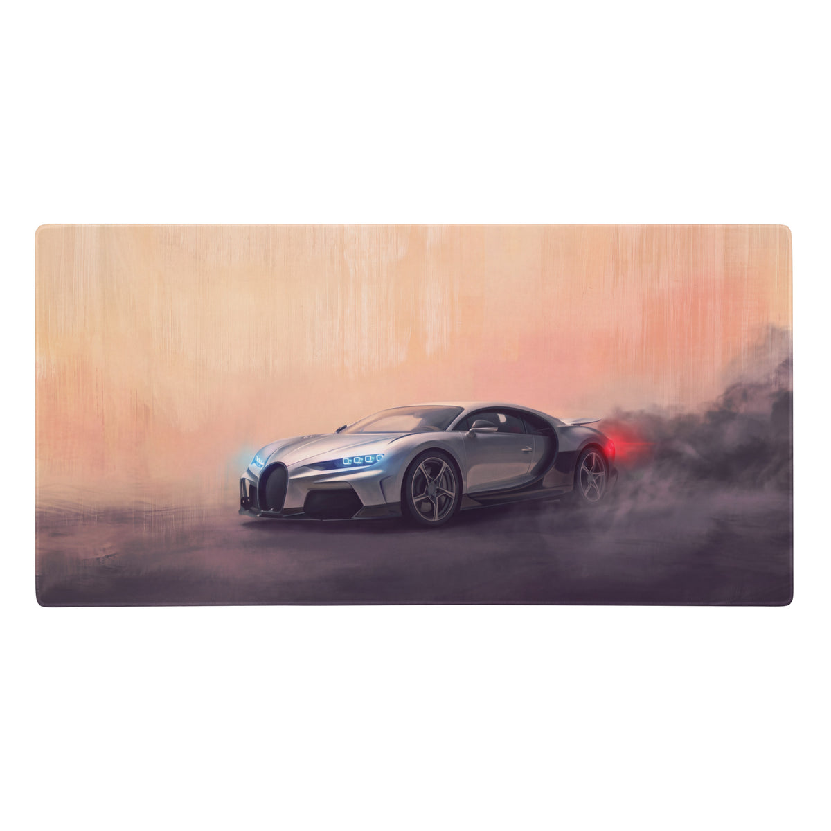 Silver bugatti chiron inspired apex desk mat featuring a dynamic smoky scene with blue headlights and red taillights