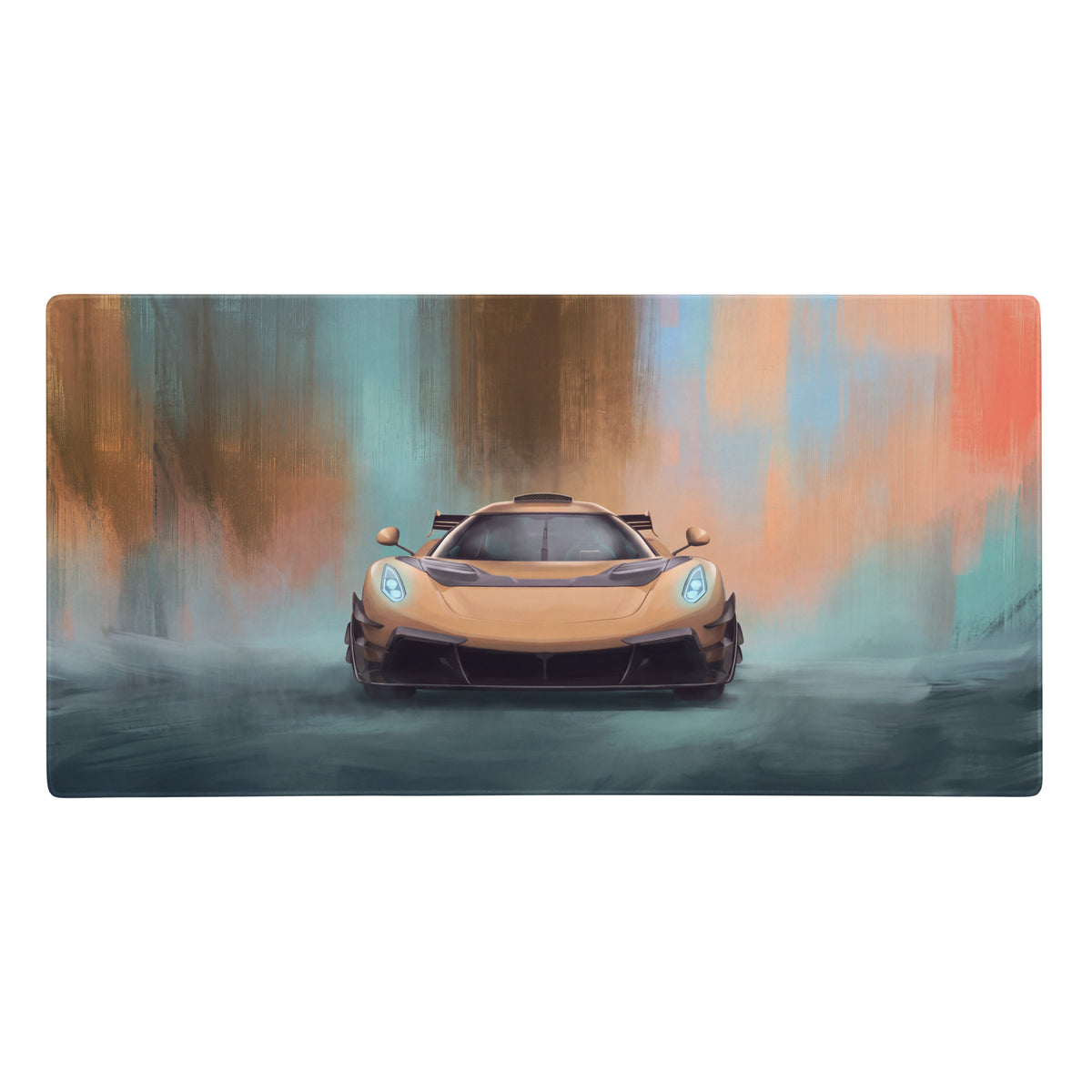 Golden koenigsegg jesko inspired frontale desk mat with low-friction cloth and stylized sports car design with blue headlights