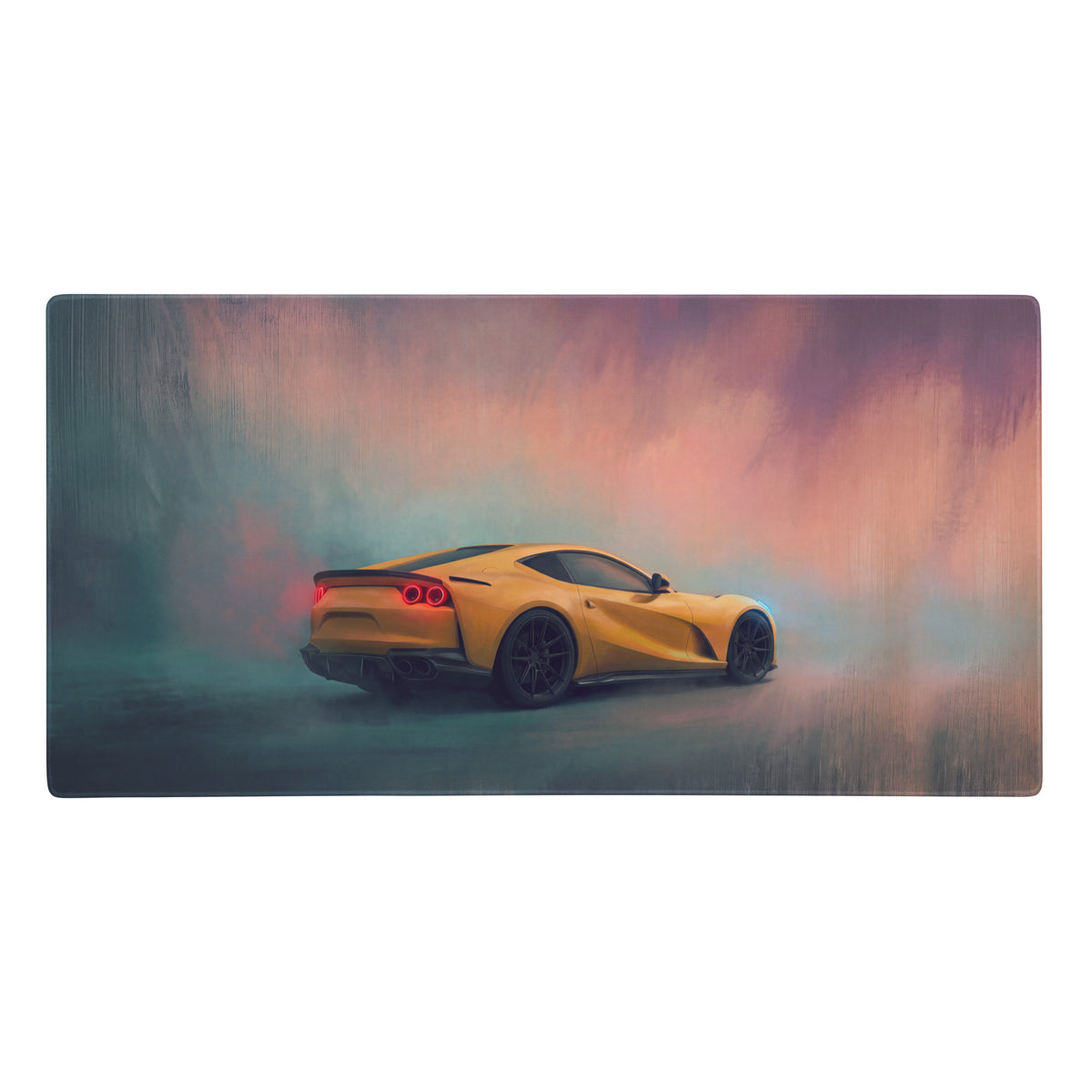 Vibrant yellow Ferrari 812 Superfast inspired gaming mousepad with stylized car illustration on non-slip rubber base