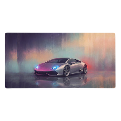Silver Lamborghini Huracán inspired argento reflection desk mat with glowing blue headlights on ultra-glide cloth mousepad