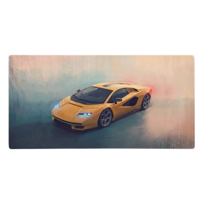 Yellow Lamborghini Countach inspired heritage desk pad with vibrant sports car illustration on non-slip rubber base
