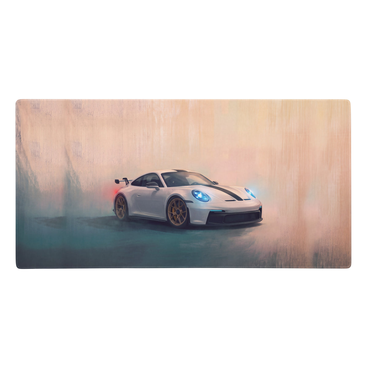 Porsche 911 GT3 inspired white gold desk pad featuring a stylized white Porsche 911 GT3 with black stripes and gold wheels