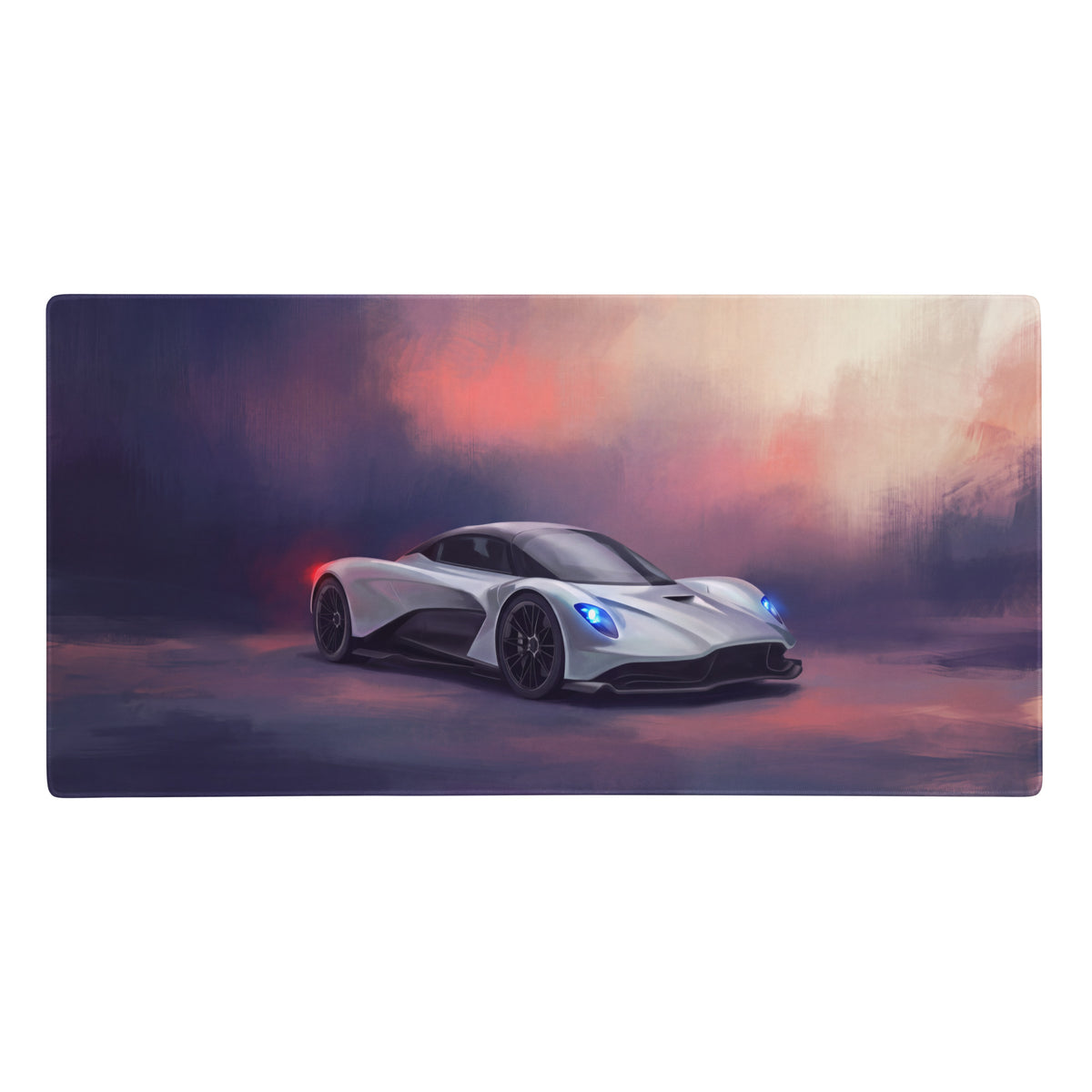 Silver aston martin valhalla inspired aero desk mat with glowing blue headlights design for low friction pc setup