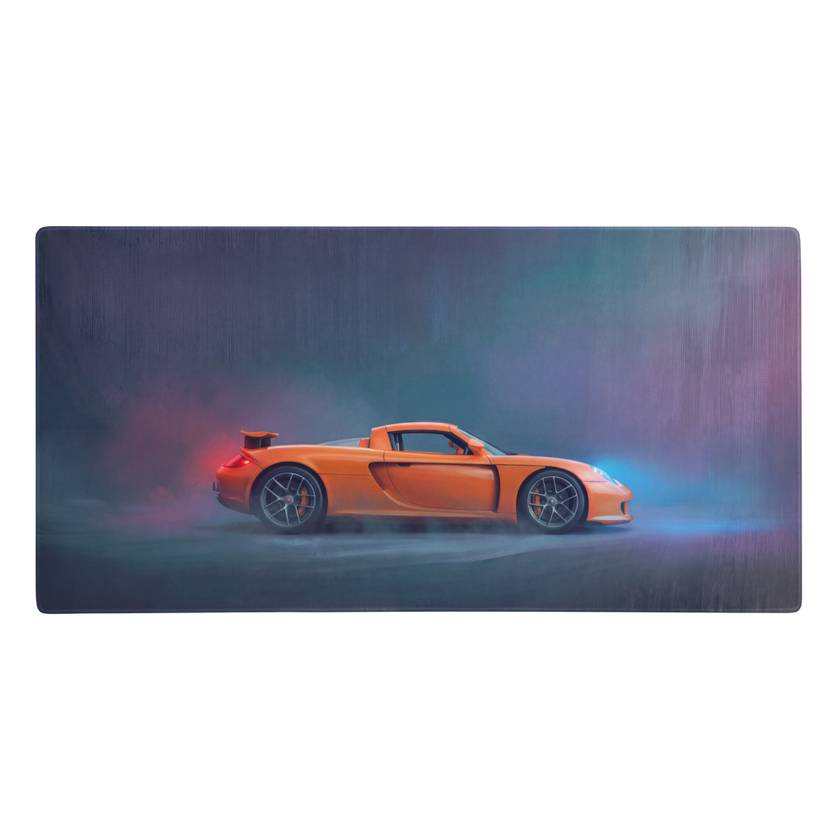 Porsche carrera gt inspired sunset orange desk mat featuring vibrant orange porsche carrera gt with glowing light effects
